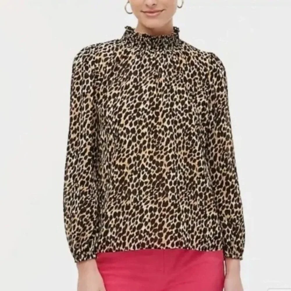 J Crew XS Leopard Print Smocked Long‎ Sleeve Blouse Mock High Neck Modest